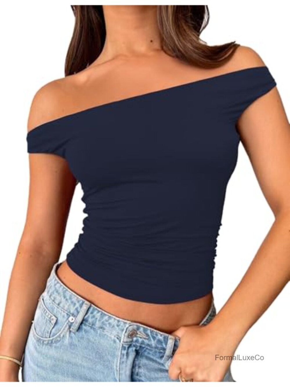 Womens Off Shoulder Crop Top Slim Fitted Sleeveless Double Lined Tank Y2K Going
